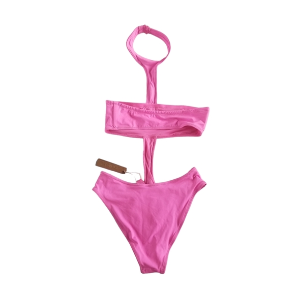 SKIMS Recycled Swim Cut Out Halter Neck Monokini Swimsuit Bikini Taffy Pink XS - Picture 5 of 6